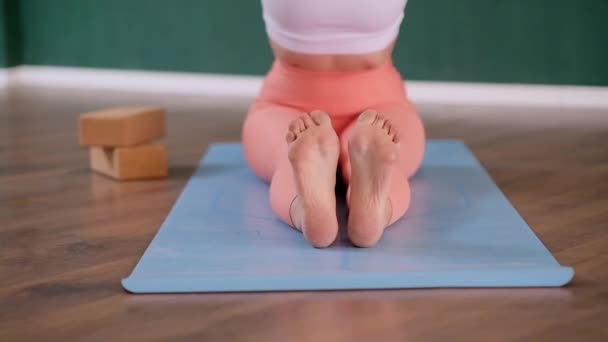 穿着运动服的女人躺在垫子上 在一个瑜伽课上向镜头伸出手来 身体和精神健康 侧重于灵活性和放松 — 图库视频影像