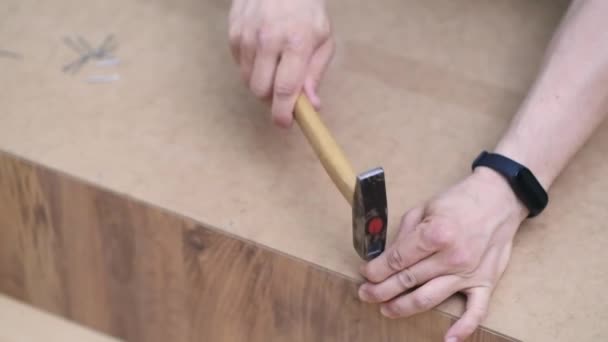 Produkcja Mebli Montaż Firmy Pracownik Wbijanie Gwoździ Drewnianą Szafę Tylną — Wideo stockowe