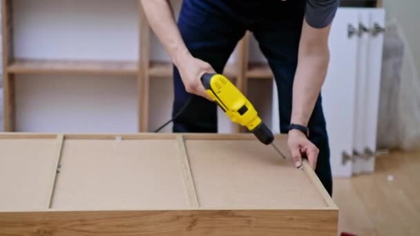 Custom Furniture Assembling Handyman Fixing Fasteners Wooden Cabinet Back Side — Stock Video