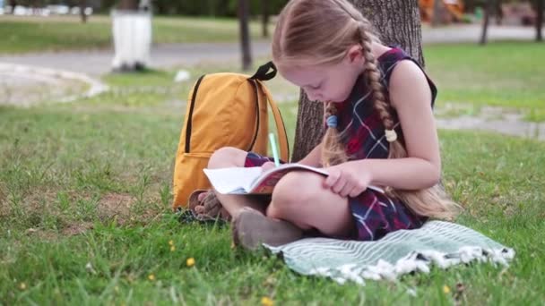 穿着校服的勤奋的女孩坐在花园的草坪上做作业认真的女孩在城市公园的小学生课本上写字 — 图库视频影像