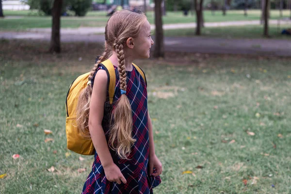 Dziewczyna Plecakiem Patrzy Ścieżkę Parku Ładny Uśmiechnięty Uczennica Długimi Warkoczami — Zdjęcie stockowe