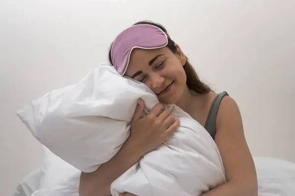 Attractive Young Woman Smiles Hugging White Pillow Happy Female Gets — Stock Photo, Image