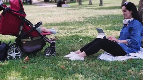 中国日报 的报道 夏天公园里 靠平板电脑上网的妈妈旁边的婴儿车里睡着的小宝宝 脚上的袜子很可爱 — 图库视频影像