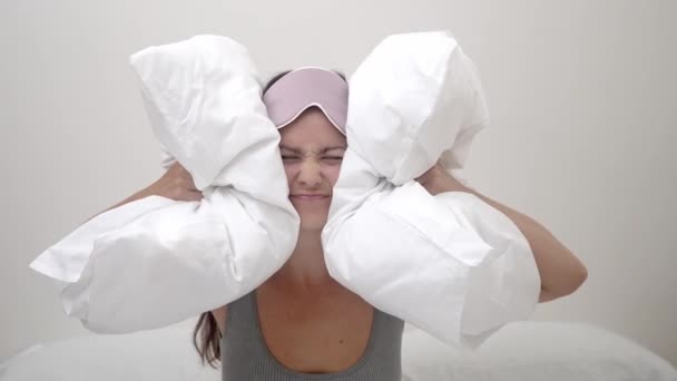 Struggling Noise Induced Insomnia She Uses Pillows Muffle Sound Enduring — Stock Video