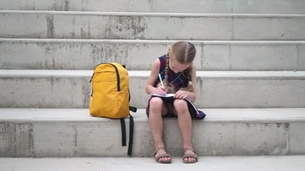 Konzentriertes Kleines Mädchen Schreibt Schulheft Schulranzen Sitzend Auf Steinstufen Schülerin — Stockvideo