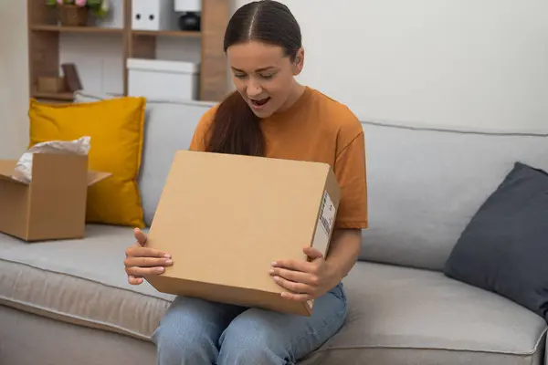 Home Comfort: A woman sits on her couch, cradling a parcel with her online purchase, illustrating the convenience of home delivery.