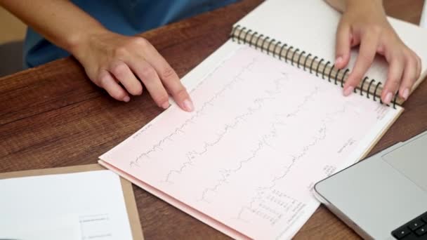 Weibliche Hand Berührt Kardiogramm Auf Tisch Nahaufnahme Kardiologe Arbeitet Mit — Stockvideo