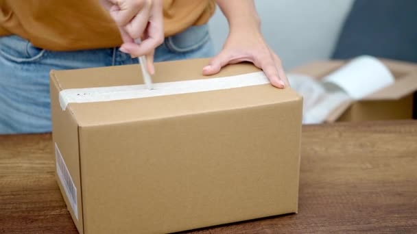 一位年轻女士用小刀打开包装模拟 打开纸板箱网上购物 — 图库视频影像