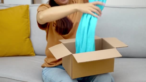 Fashion Enthusiasts Delight Shopaholic Examines Her Parcel New Fashion Confirming — Stock Video