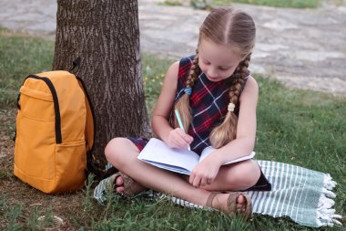 Ağacın altında neşeli bir liseli kız, doğası gereği sükunetle ilgili çalışmalara dalmış. Sıcak bir sonbahar gününde yeşil şehir parkında sorumluluk sahibi bir öğrenci.. 