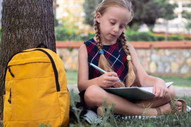 Ağacın altında neşeli bir öğrenci, huzur içinde ders çalışıyor. Sorumlu öğrenme güneşli bir sonbahar gününde şehir parkında başlar.. 