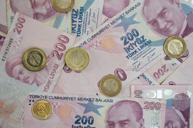 Düz bir yüzeye dağılmış Türk lira banknotları ve sikkelerinin yakın çekimi. Türkiye 'nin ulusal para birimi ve ekonomik arka plan kavramı. Finansal, yatırım ve ekonomik analiz konuları için mükemmel 