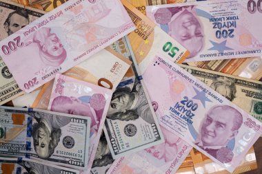 Türk lira banknotları, başlıca rezerv para birimlerine karşı istikrarsız para birimi arasındaki döviz kuru kavramını gözler önüne seren masalarda dolar ve avro banknotlarıyla yatıyor