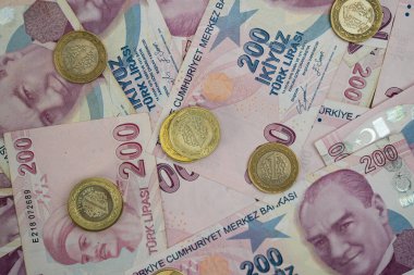 Ekonomik temaları gösteren Türk lira banknotları ve sikkeleri. Mali ve enflasyon kavramı Türk ekonomisini yansıtıyor. 