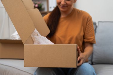 E-Commerce Elation: Keyifli bir kadın, kanepesinde, çevrimiçi alışverişin keyfini kutlayan online bir siparişten bir karton paketi açıyor.. 