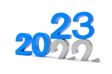 2022 ve 23 sayılarını maviye boyayarak beyaz arka planda gösteren 3d. 22 numara 23 numaranın üzerine düşer ve yere düşer..