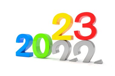 2022 ve 23 sayılarını beyaz arkaplan üzerinde renkli bir şekilde üç boyutlu yorumla. 22 numara 23 numaranın üzerine düşer ve yere düşer..