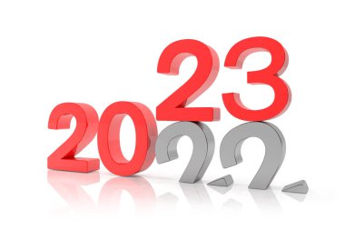 2022 ve 23 sayılarının 3 boyutlu yorumlanması beyaz yansıtma arkaplanı üzerinde kırmızıyla. 22 numara 23 numaranın üzerine düşer ve yere düşer..