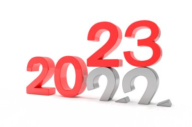 2022 ve 23 sayılarını kırmızı üzerine beyaz arkaplanla 3 boyutlu çizim. 22 numara 23 numaranın üzerine düşer ve yere düşer..