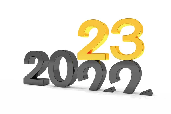 2022年と23年の数字の3Dレンダリング白を背景に黒と金で 22番は23番に該当し地面に侵入 — ストック写真