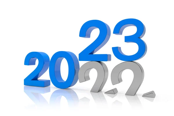 白を背景に2022年と23年の数字を青で3Dレンダリングします 22番は23番に該当し地面に侵入 — ストック写真