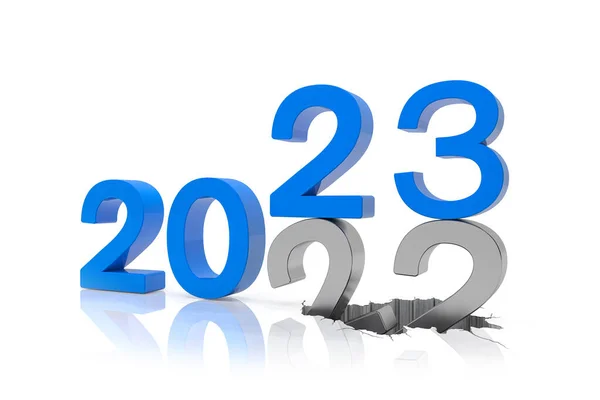 3D渲染2022年的数字和23蓝色在白色背景上的数字 数字22落在数字23上 并在地下破裂 — 图库照片