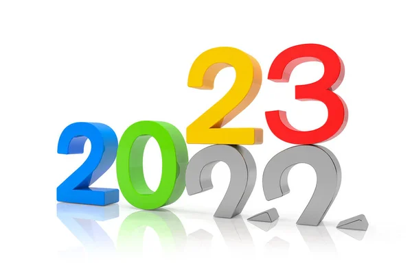 Визуализации Номера 2022 Красочной Поверх Белого Отражающего Фона Число Падает — стоковое фото