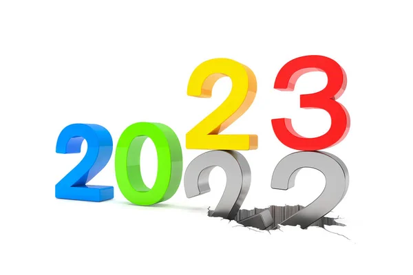 3D渲染2022和23的数字在白色背景上的彩色 数字22落在数字23上 并在地下破裂 — 图库照片