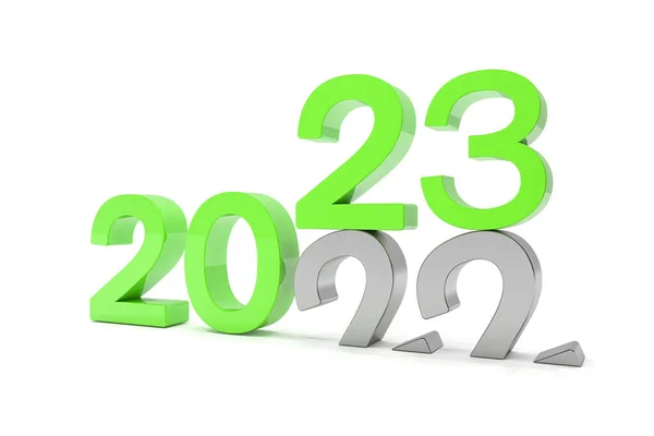 2022年と23年の数字の3Dレンダリングは 白の背景に緑色で 22番は23番に該当し地面に侵入 — ストック写真