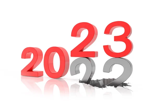 2022年と23年の数字の3Dレンダリングは 背景を反映して赤で 22番は23番に該当し地面に侵入 — ストック写真