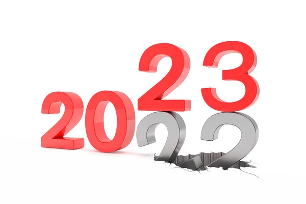 2022年と23年の数字を白の背景に赤で3Dレンダリングします 22番は23番に該当し地面に侵入 — ストック写真