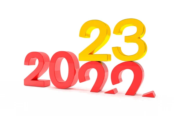 2022年と23年の数字の3Dレンダリング白の背景に赤と金 22番は23番に該当し地面に侵入 — ストック写真