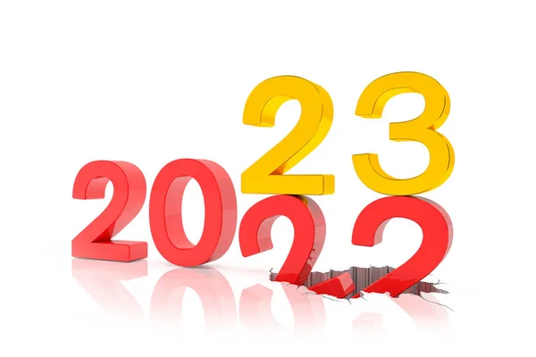 3D在白色背景上以红色和金色表示2022年和23年的数字 数字22落在数字23上 并在地下破裂 — 图库照片