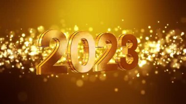 Altın ışık taneciklerinin video animasyonu altın arkaplan üzerine parlıyor ve 2023 rakamları yeni yılı temsil ediyor - tatil kavramını.