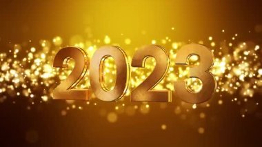 Altın ışık taneciklerinin video animasyonu altın arkaplan üzerine parlıyor ve 2023 rakamları yeni yılı temsil ediyor - tatil kavramını.