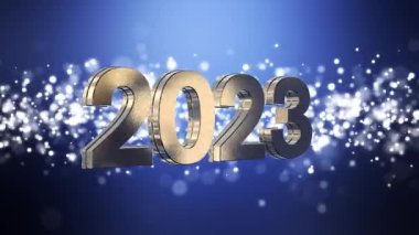 Noel 'in video animasyonu altın ışık parçacıkları mavi arka planda parlıyor ve 2023 rakamları yeni yılı temsil ediyor - tatil kavramını.