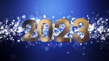 Noel 'in video animasyonu altın ışık parçacıkları mavi arka planda parlıyor ve 2023 rakamları yeni yılı temsil ediyor - tatil kavramını.