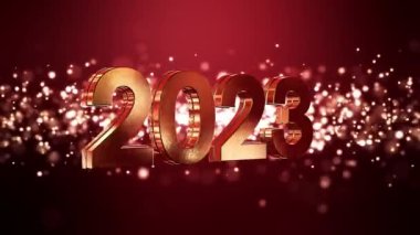 Kırmızı zemin üzerinde parlayan altın ışık parçacıklarının video animasyonu ve 2023 rakamları yeni yılı temsil ediyor - tatil kavramı.
