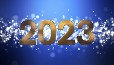 Noel 'in 3D görüntüsü altın ışık parçacıkları mavi arka planda bokeh ve 2023 rakamları yeni yılı temsil ediyor - tatil kavramını.