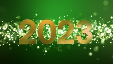 Noel 'in 3 boyutlu görüntüsü altın ışık parçacıkları yeşil zemin üzerinde boke ve 2023 rakamları yeni yılı temsil ediyor - tatil kavramını.