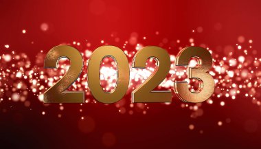 Noel 'in 3 boyutlu görüntüsü altın ışık parçacıkları kırmızı zemin üzerinde bokeh ve 2023 rakamları yeni yılı temsil ediyor - tatil kavramını.