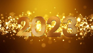 3D noel resmi altın ışık parçacıkları altın arkaplan üzerine parlıyor ve 2023 rakamları yeni yılı temsil ediyor - tatil kavramı.