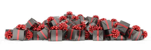 Renderização Caixas Presente Natal Preto Com Fitas Vermelhas Sobre Fundo — Fotografia de Stock