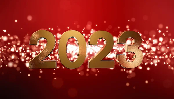 圣诞节金色光芒粒子在红色背景上的3D渲染和2023数字 代表新的年假概念 — 图库照片