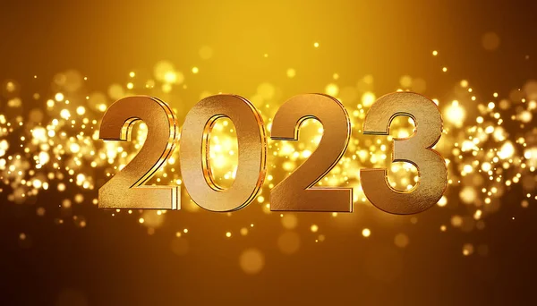 圣诞节金色光芒粒子在金色背景上的3D渲染和2023的数字 代表新的年假概念 — 图库照片