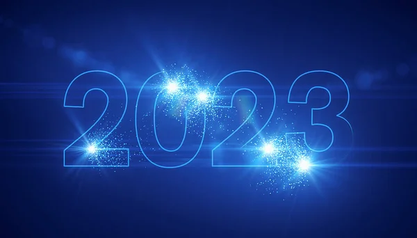 Illustration of abstract neon light in blue with the numbers 2023 - represents the new year - holiday concept