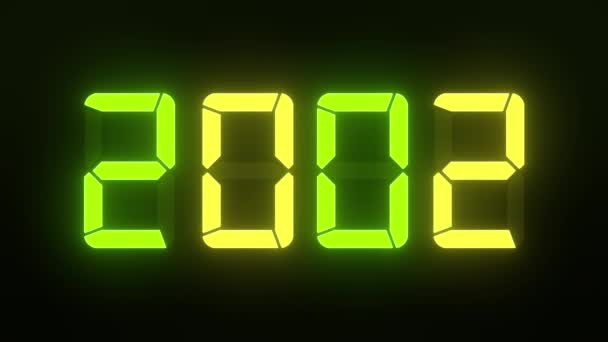 暗い背景の上に2000年から2023年までの連続年間で緑と黄色でLedディスプレイのビデオアニメーション 新年を表します2023 休日の概念 — ストック動画