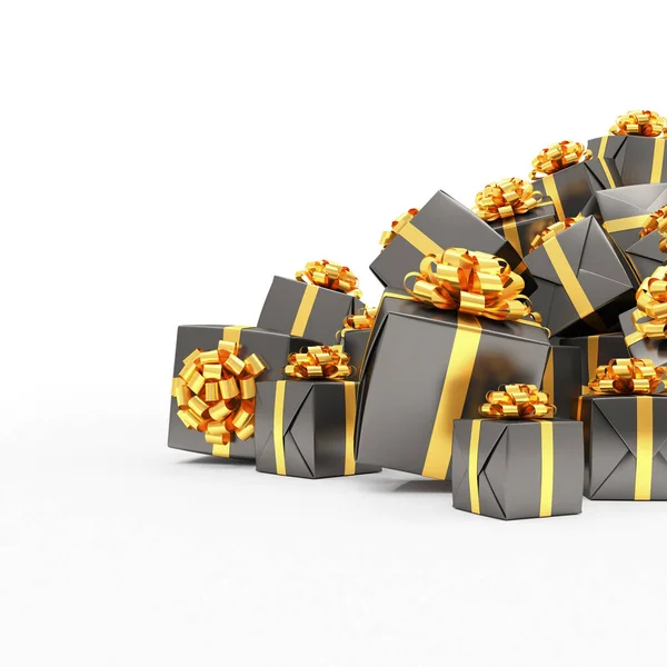 3D渲染 白色背景上有金色缎带的黑色圣诞礼品盒 — 图库照片