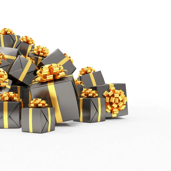 3D渲染 白色背景上有金色缎带的黑色圣诞礼品盒 — 图库照片