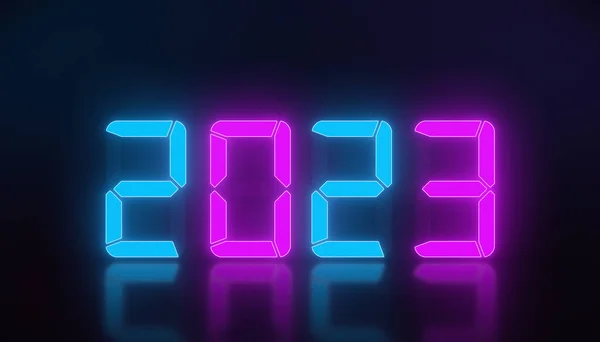 Иллюстрация Светодиодного Дисплея Синего Пурпурного Цвета Новым 2023 Годом Отражающем — стоковое фото